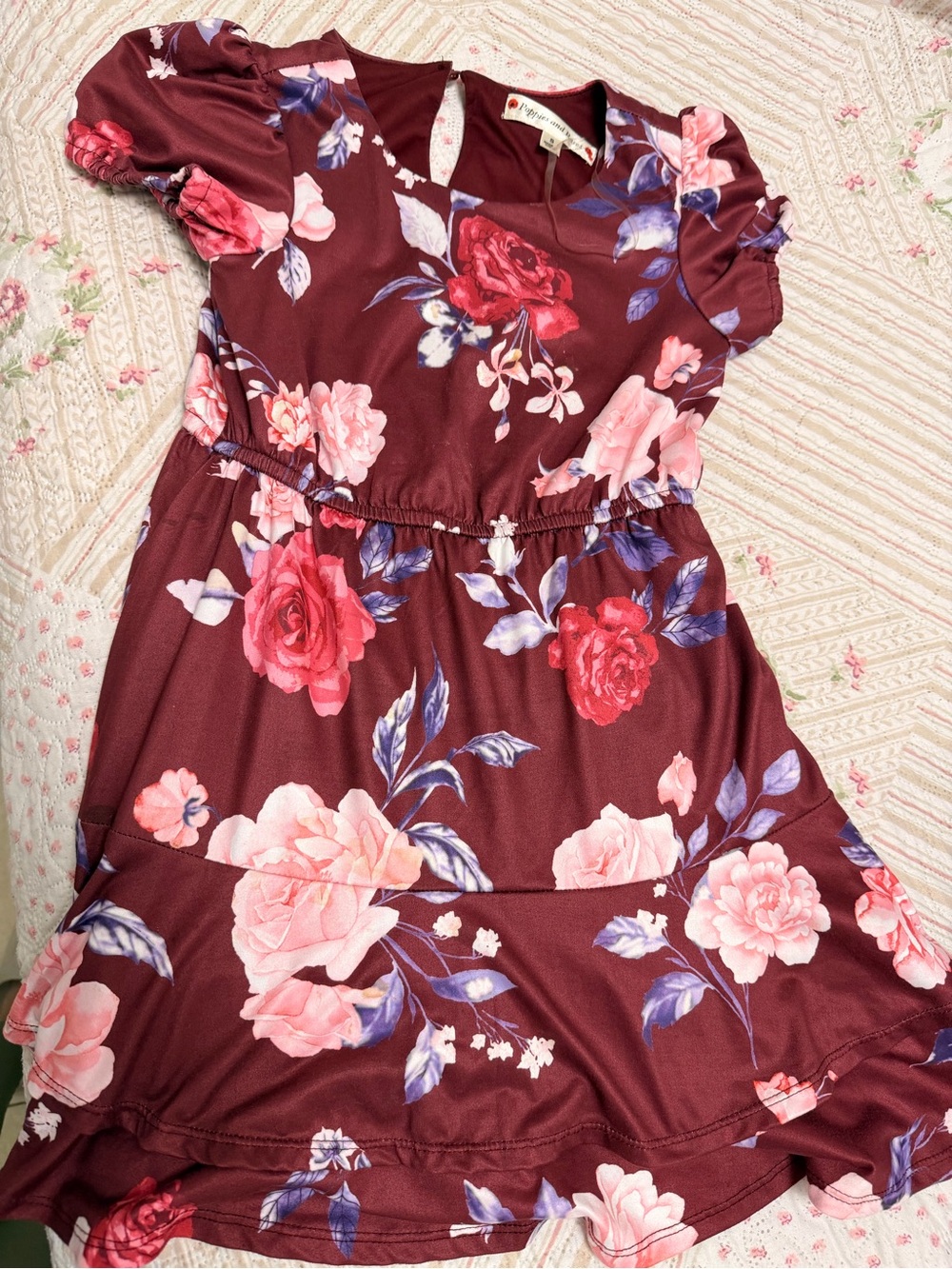 Girls Floral Burgundy Dress with Puff Sleeves